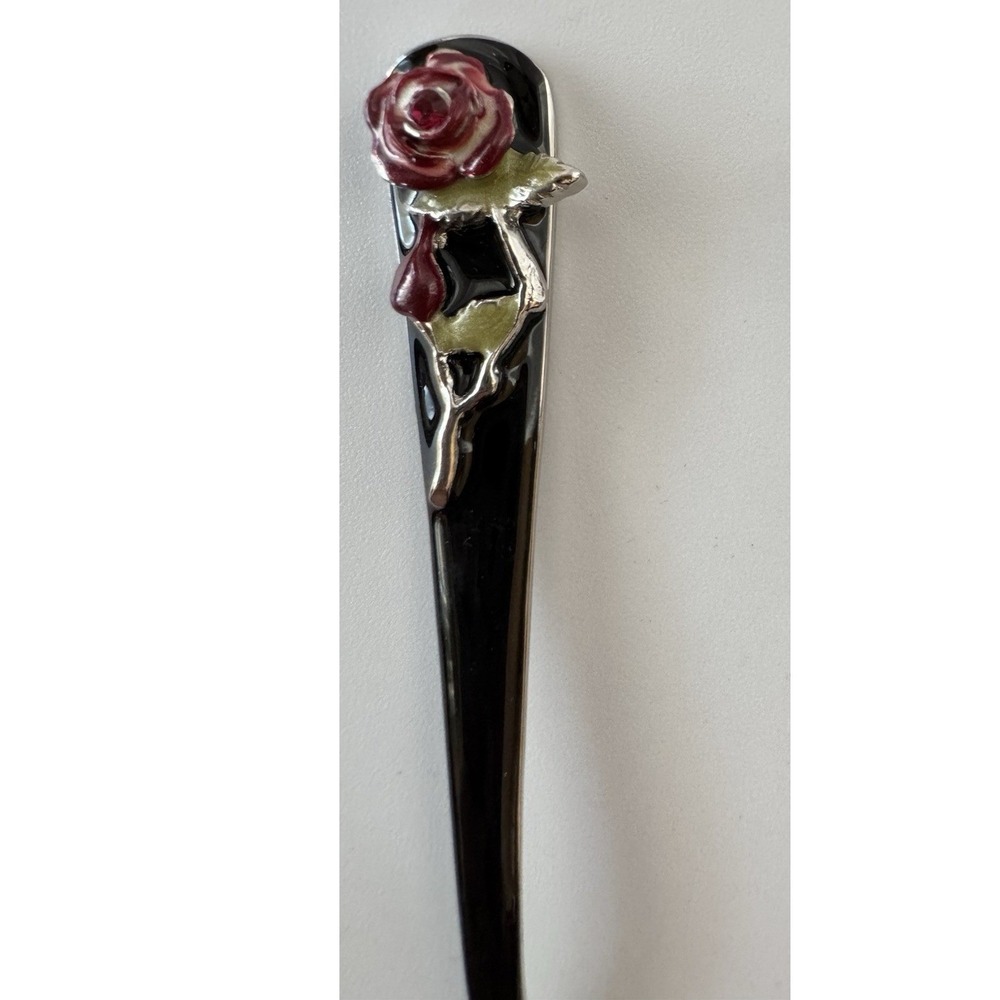 Sugar Shovel Spoon Rose w/Leaves at Top Enameled Black Handles